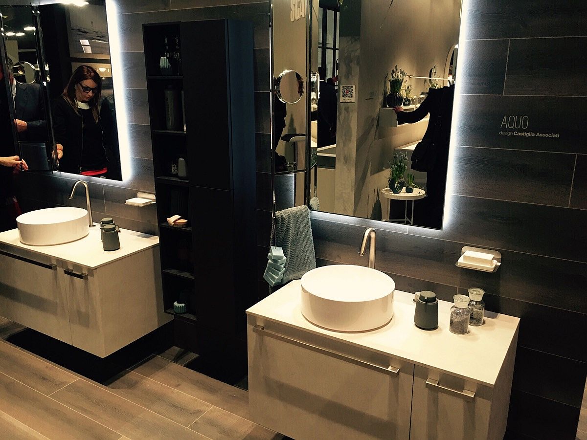 Contemporary vanity units and mirrors at the Aquo collection