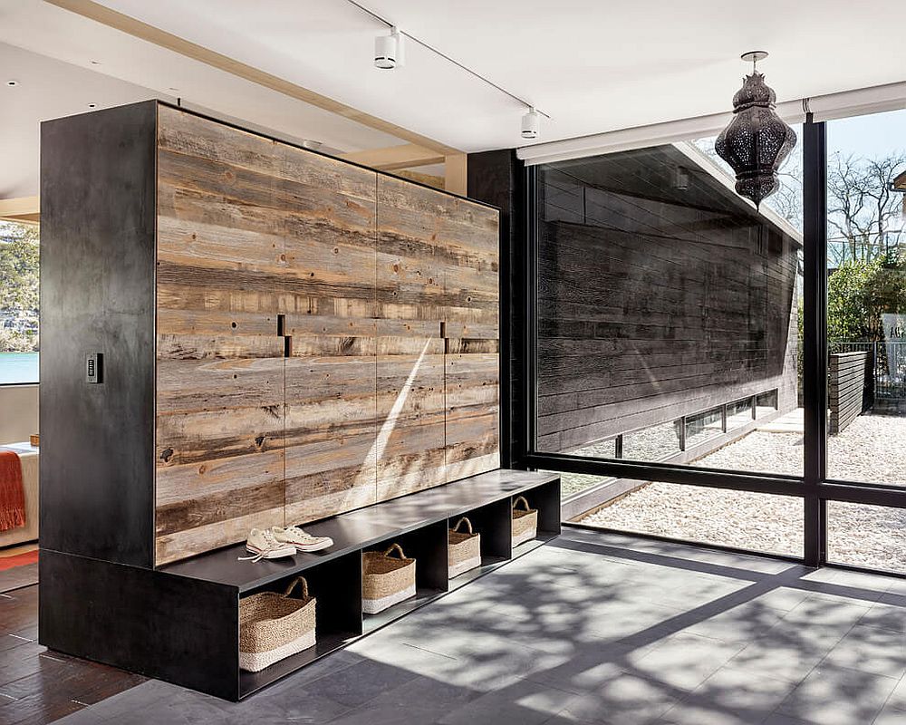 Entry and mud room with reclaimed timber wall