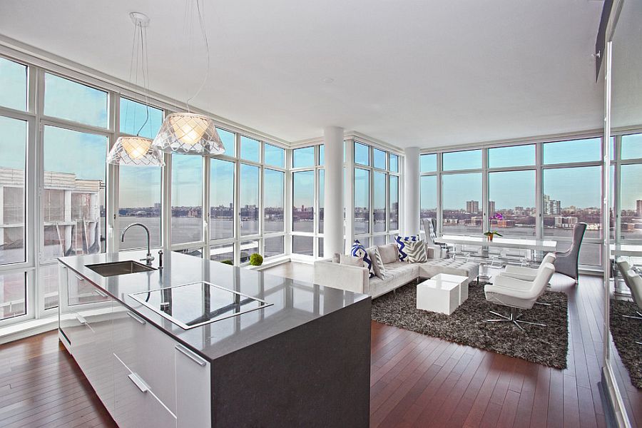 Fabulous New York City living room with Romeo Louis II above the kitchen counter [Design: Creative Designs by Sofia]