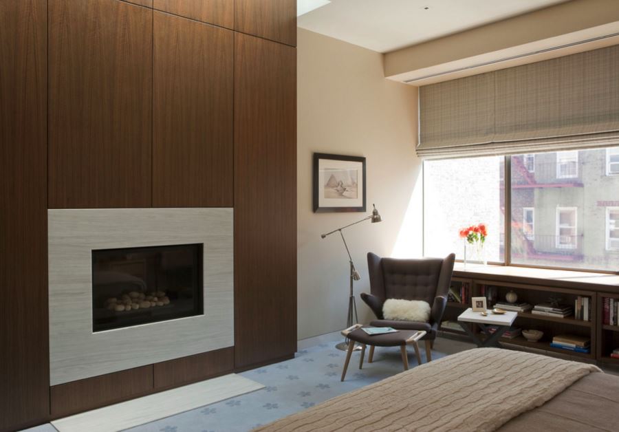 Fireplace wall with wooden panels