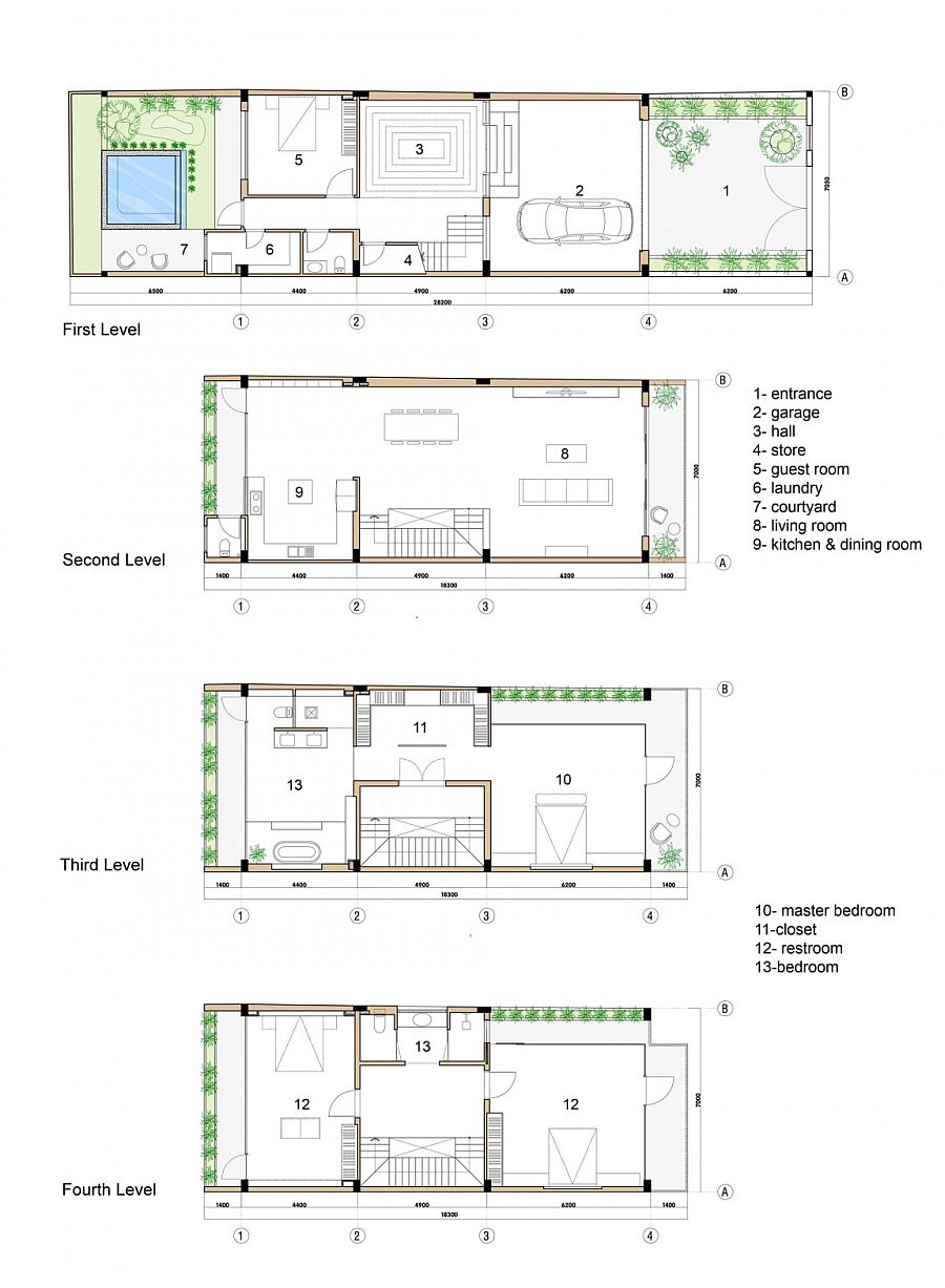 Floor plan of diferent levels of the private home in Ho Chi Minh City