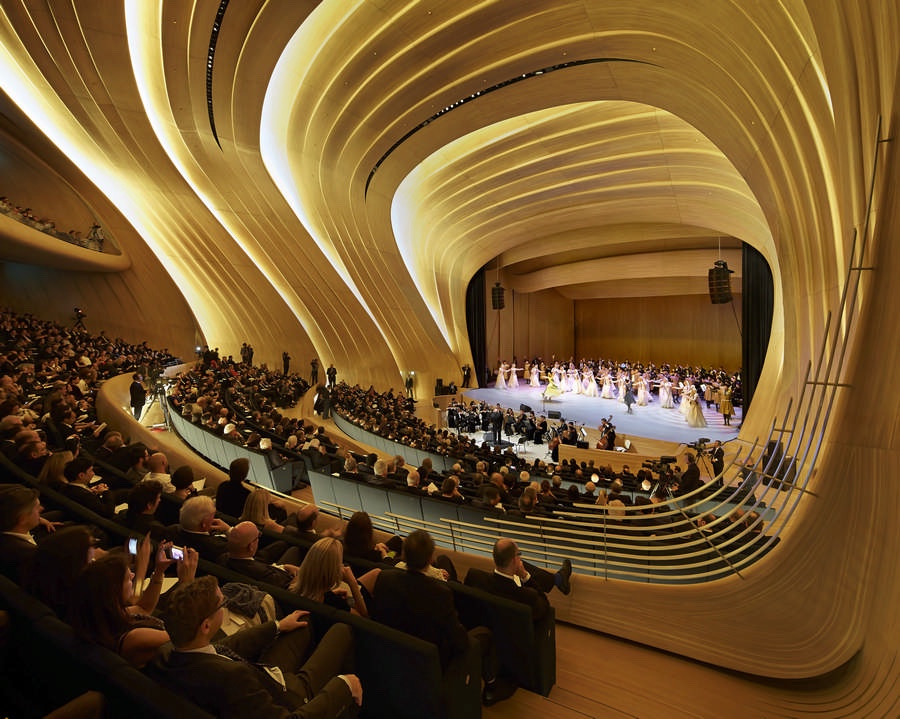 Heydar Aliyev Centre auditorium. Photo by Hufton + Crow via e-architect.