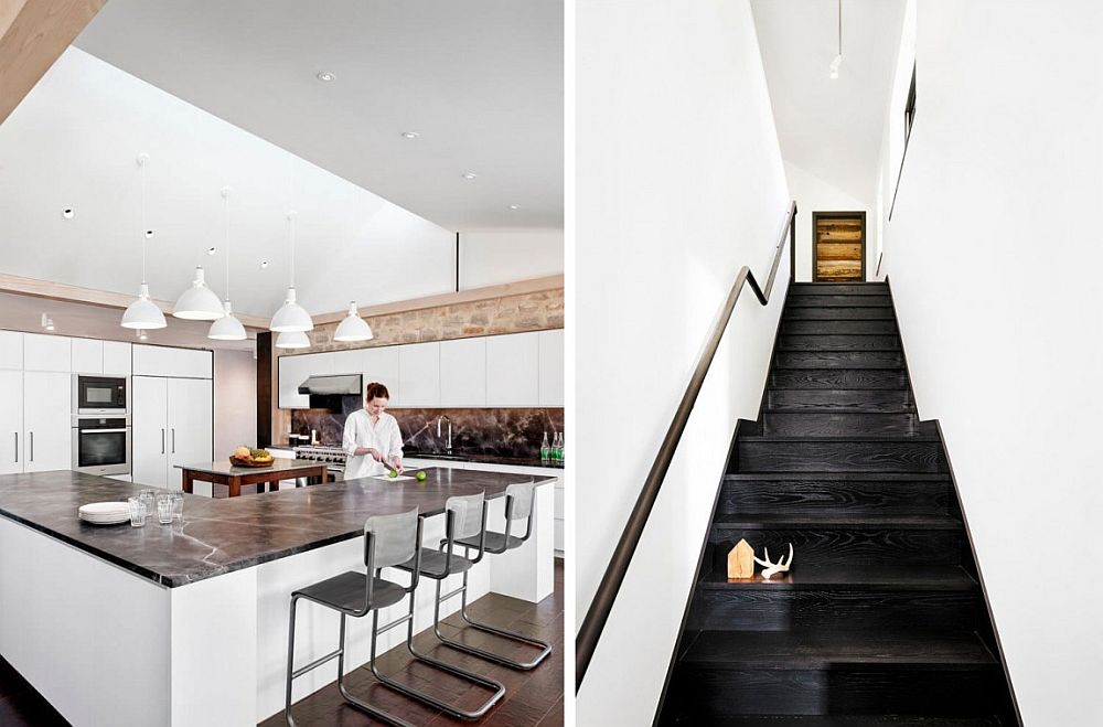 Modern kitchen with an L-shaped island and stairway