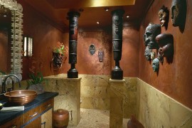 Pacific Island masks and African drums create a fascinatingly unique powder room 270x180 Hot Summer Trend: 25 Dashing Powder Rooms with Tropical Flair