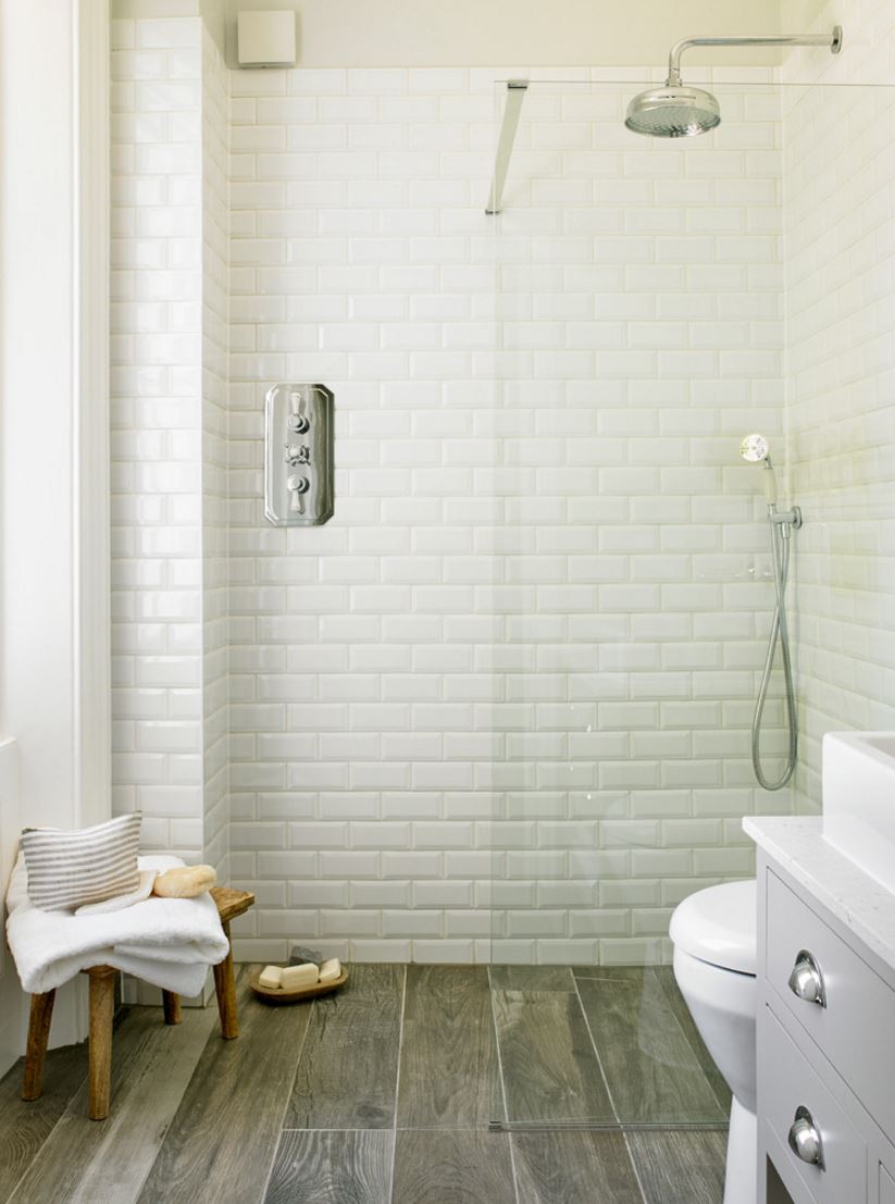 Porcelain planks are ideal for the powder room