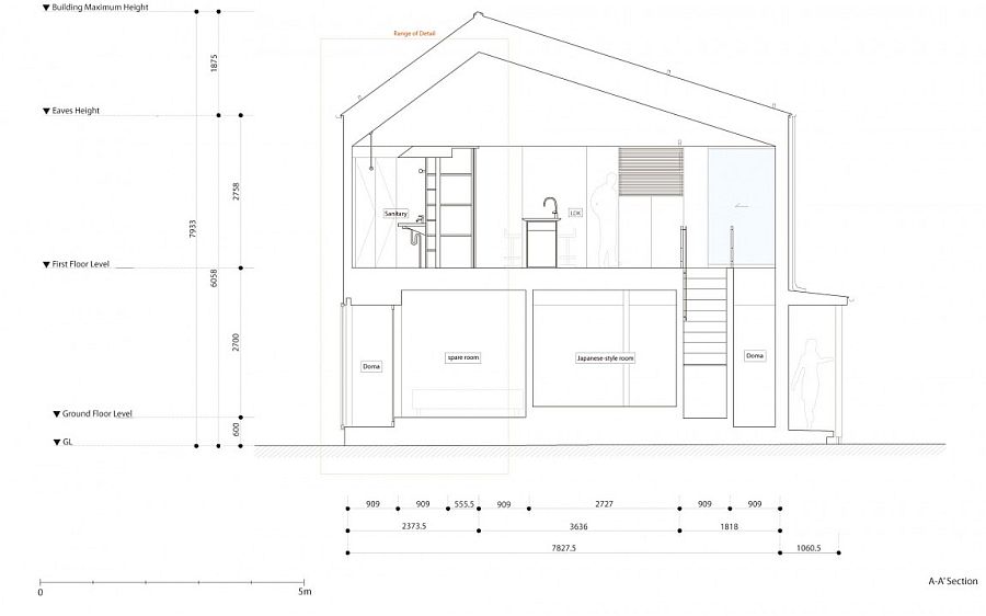 Sectional view of the private home in Nagaoka, Japan