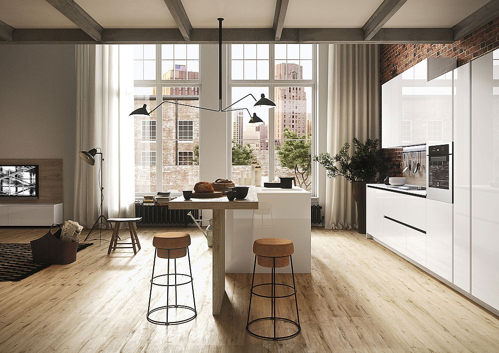 Slim and modern design of the kitchen next to the open plan living space