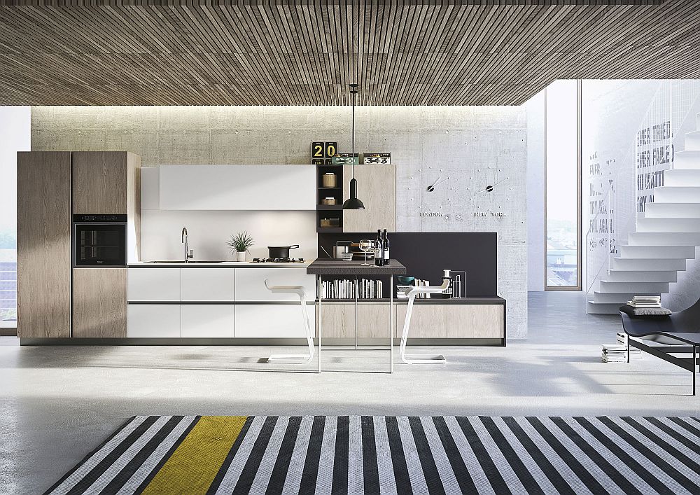 Textural beauty of wood combines with polished finsihes inside the minimal kitchen