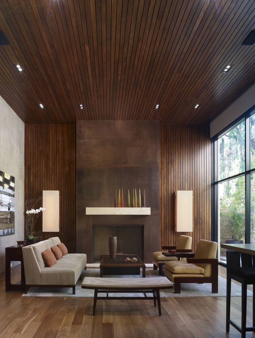 Thin wooden paneling in a modern living room