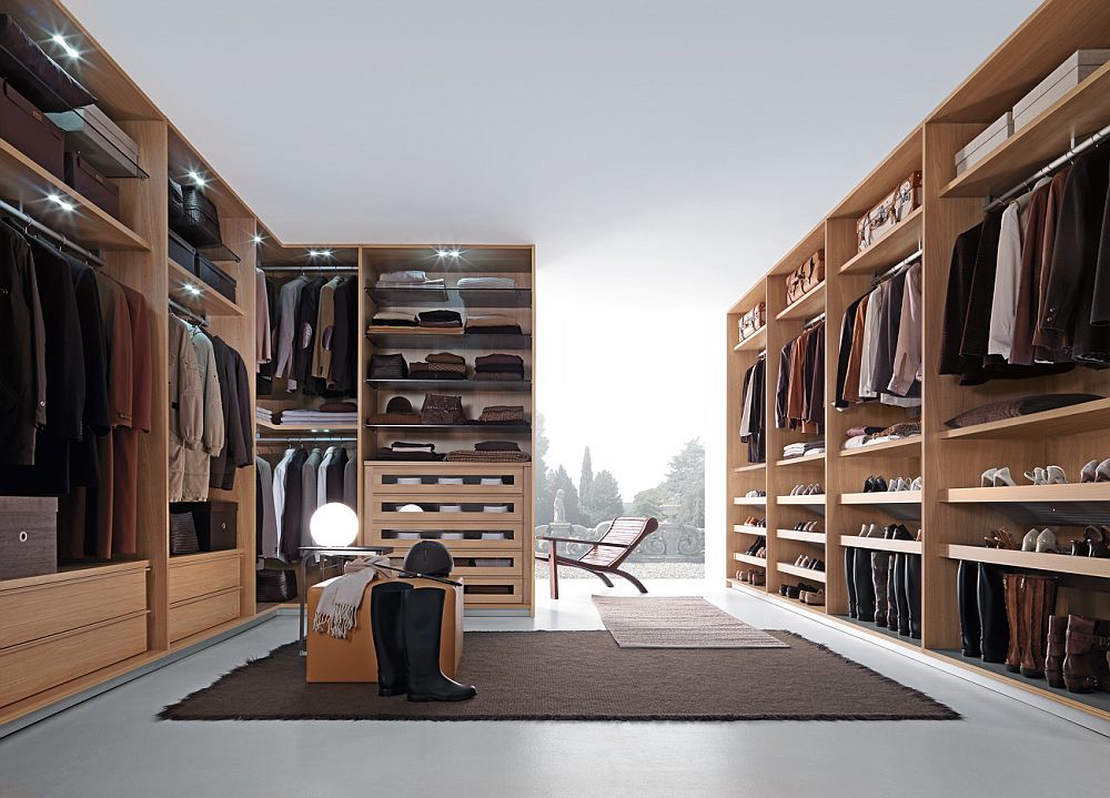 Touch of wood adds warmth to the exapnsive walk-in closet