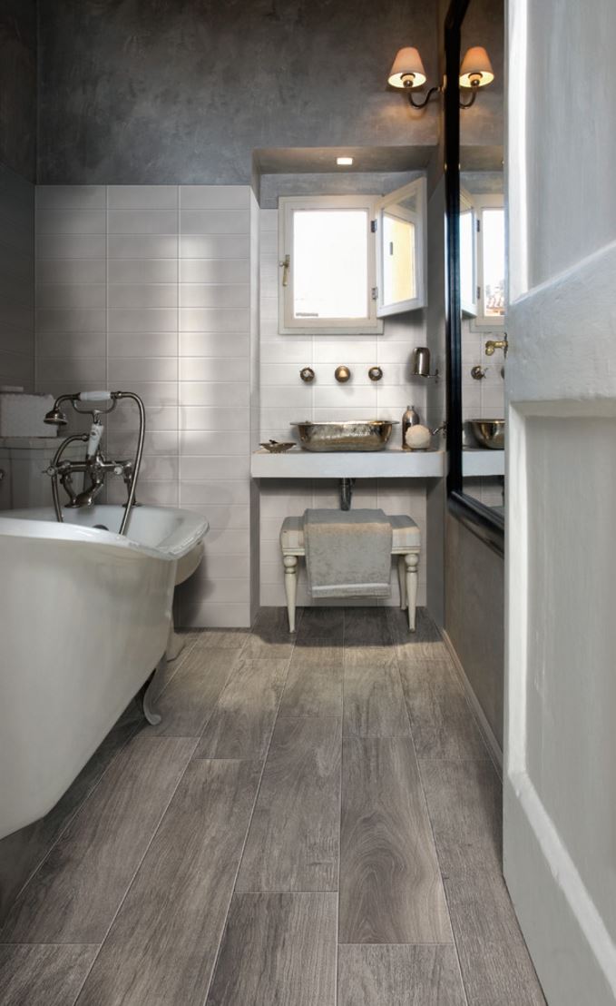 grey wood grain tile bathroom