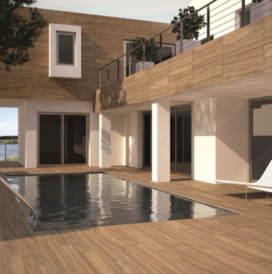 Wood-effect porcelain tile by the pool