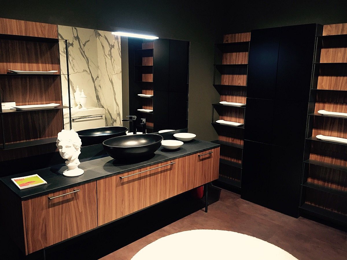 Wooden vanity and industrial sink with an iron coat at the Archeda stand - Salone del Mobile 2016