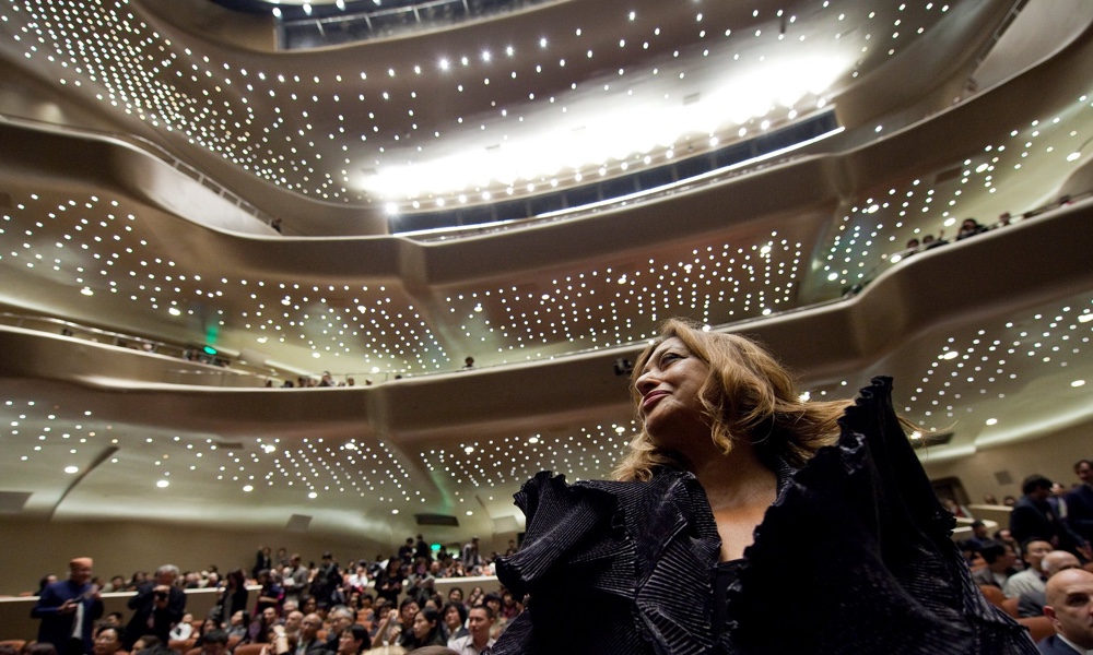 Zaha Hadid in the auditorium of her Guangzhou opera house