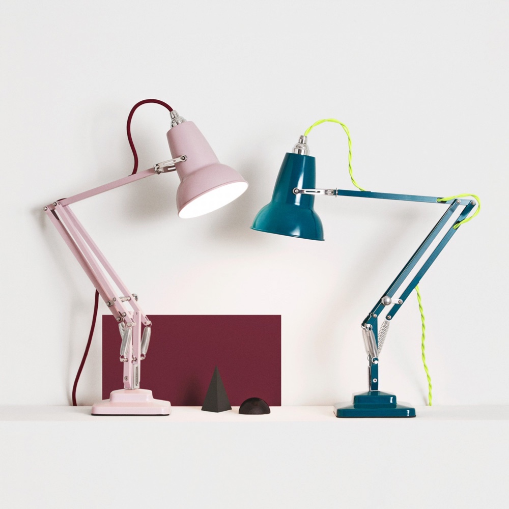 Original 1227™ Mini Studio Editions: Pink base, arm and shade with a burgundy cable; teal base, arm and shade with a neon yellow twisted cable.