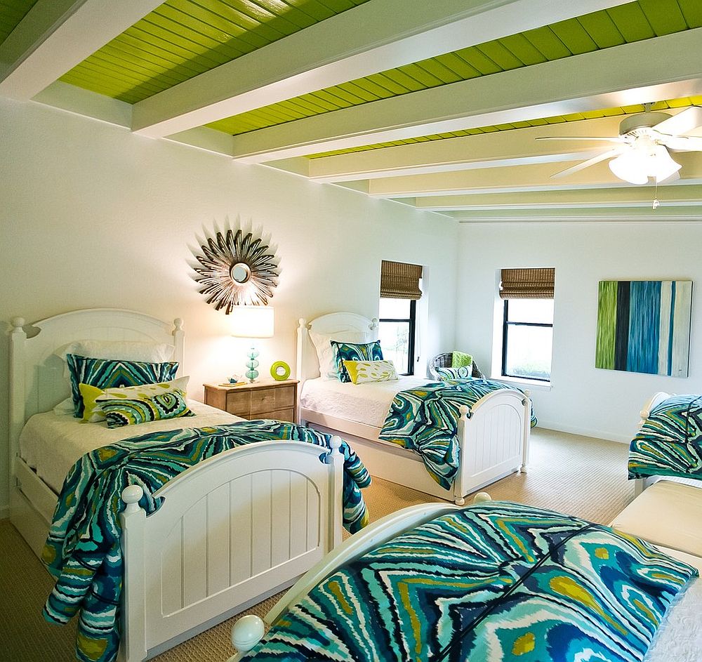 Beach style bedroom with bright white ceiling beams and apple green goodness [Design: Robin Gonzales Interiors]