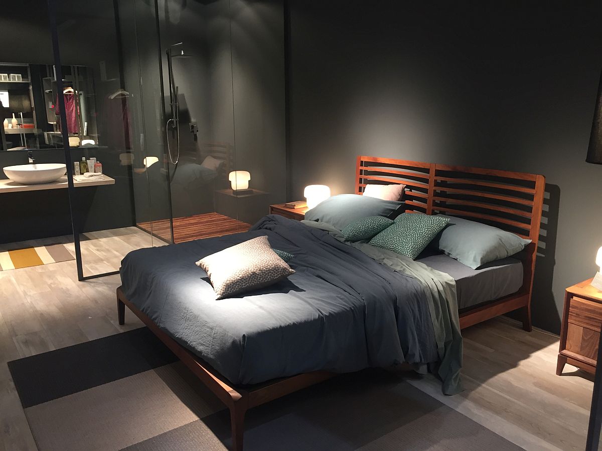 Bed with sleek wooden frame from Dale Italia at Milan 2016