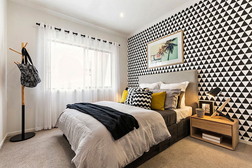 Bedroom with geometric pattern for the headboard wall