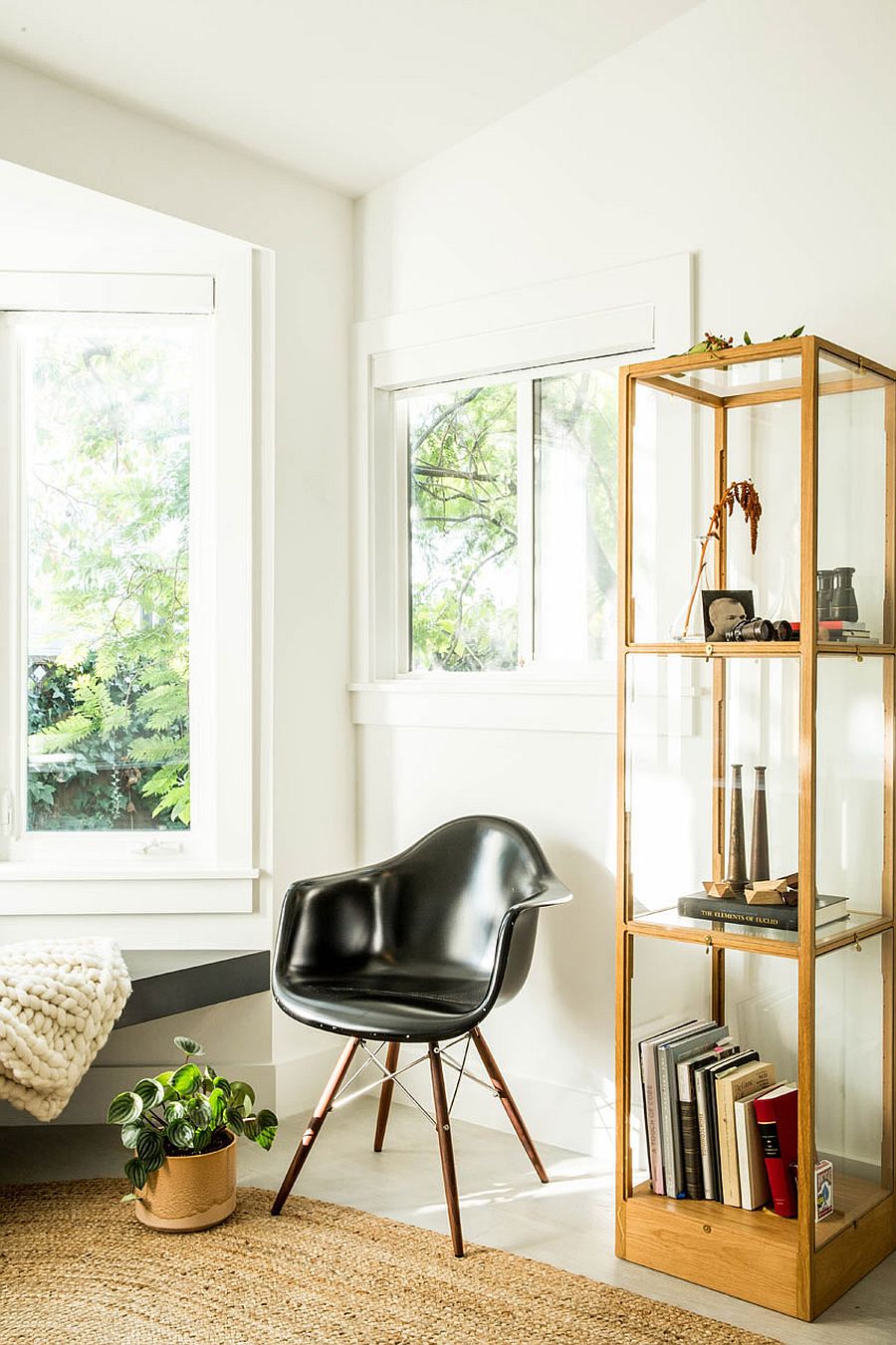 Classic Eames moulded chair and glass bookshelf