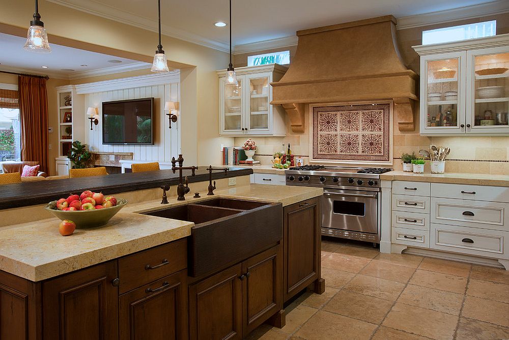 Copper sink in the Mediterranean kitchen is an absolute showstopper [Design: Cindy Smetana Interiors]