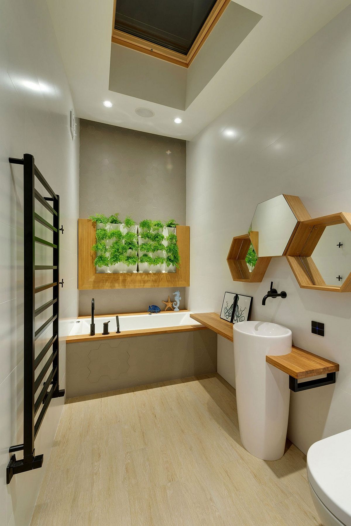 Creative bathroom design with green wall feature and hexagonal shelves