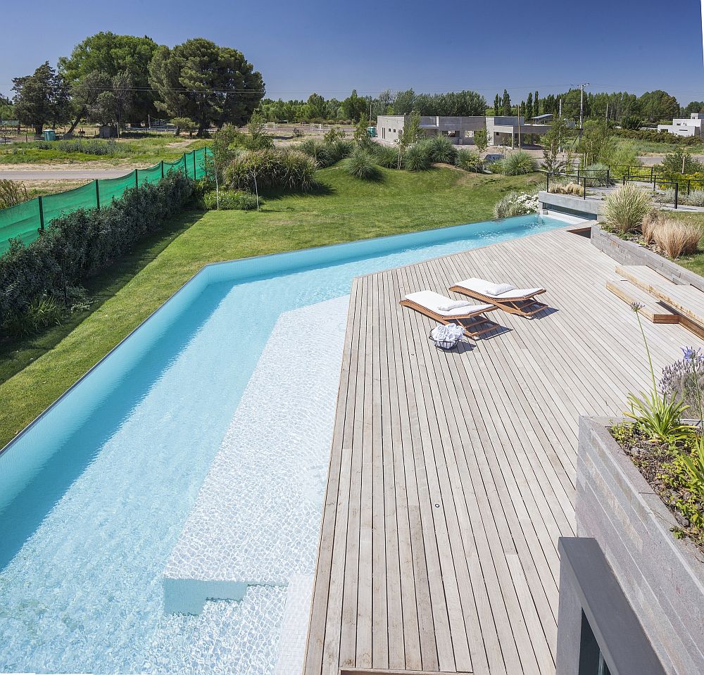 Deck and pool area of home next to river in Patagonia, Argentina