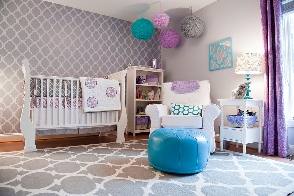 Drapes bring a dash of purple to this modern nursery in gray [Design: Barden's Decorating / Beth Furgurson Photography]