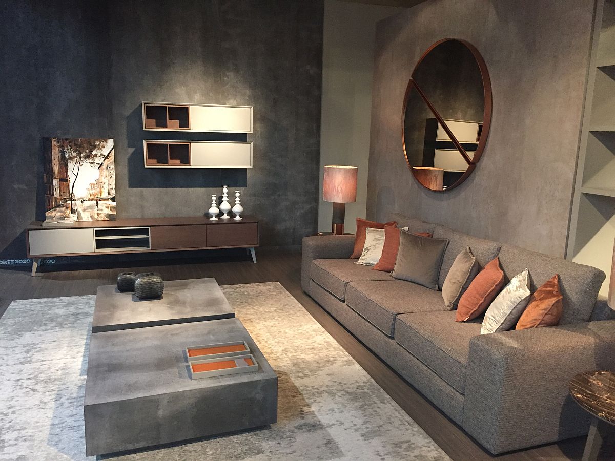 Elegant sofa and coffee tables in gray have a smart industrial vibe