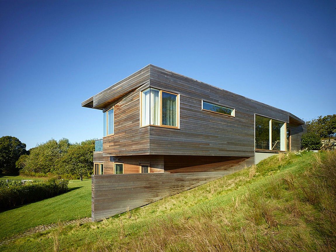 Exterior of the Vineyard farmhouse clad in cedar shiplap