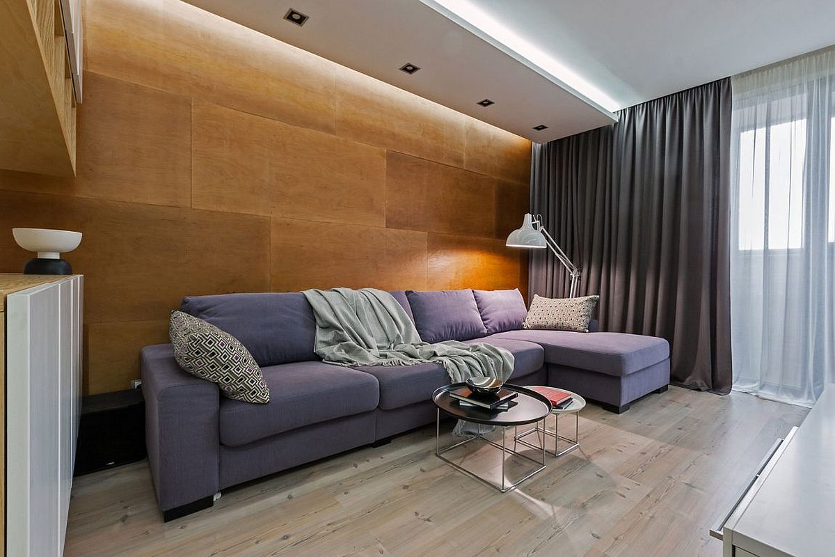 Fabulous wooden wall adds textural beauty to the contemporary living space