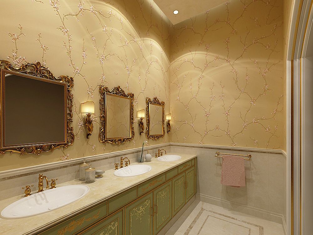 Formal and classic powder room with 3D wall art