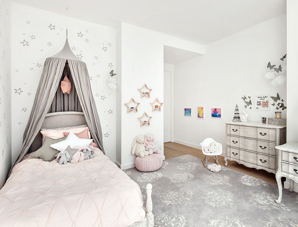 Girls' bedroom in light pink, gray and white