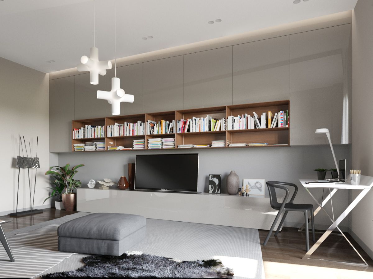 Home office and media room turned into one along with ample shelf space for books