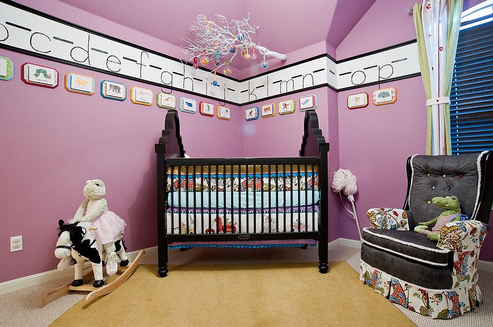 Hues between violet and purple in the color spectrum create more vibrant backdrops in the nursery! [Design: True Interiors]