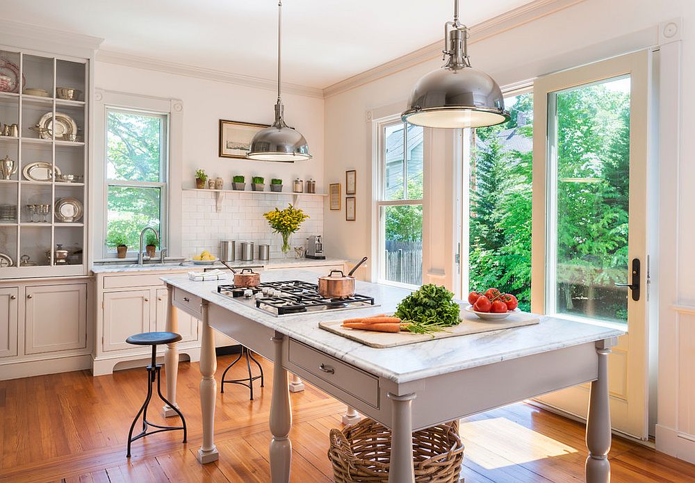 Industrial style lighting for farmhouse kitchen in white