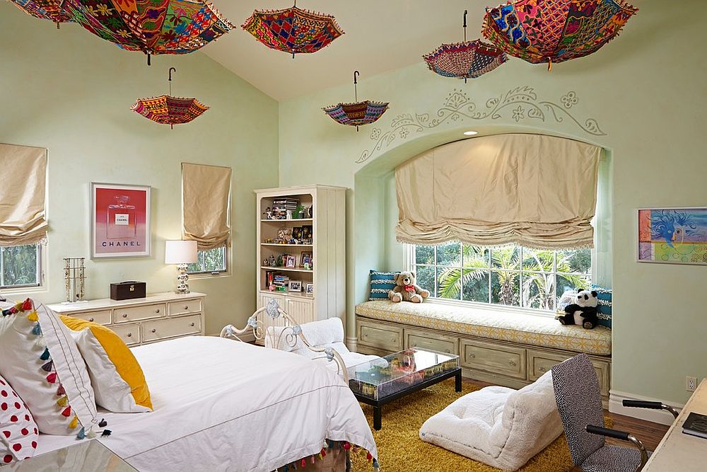 Ingenious use of colorful umbrellas as decorative pieces in the kids' room [Design: Susan Corry Design/ Photo: Doug Hill Photography]