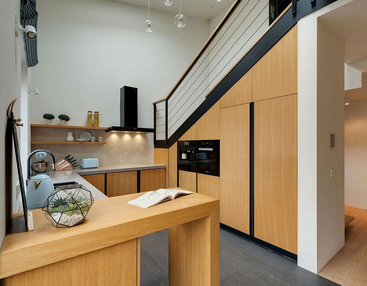 Kitchen with Hexagonal tiled backsplash and wooden shelves