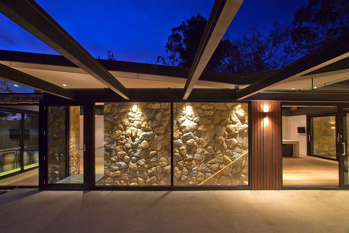 Lighting adds warmth to the unique Warrandyte Residence