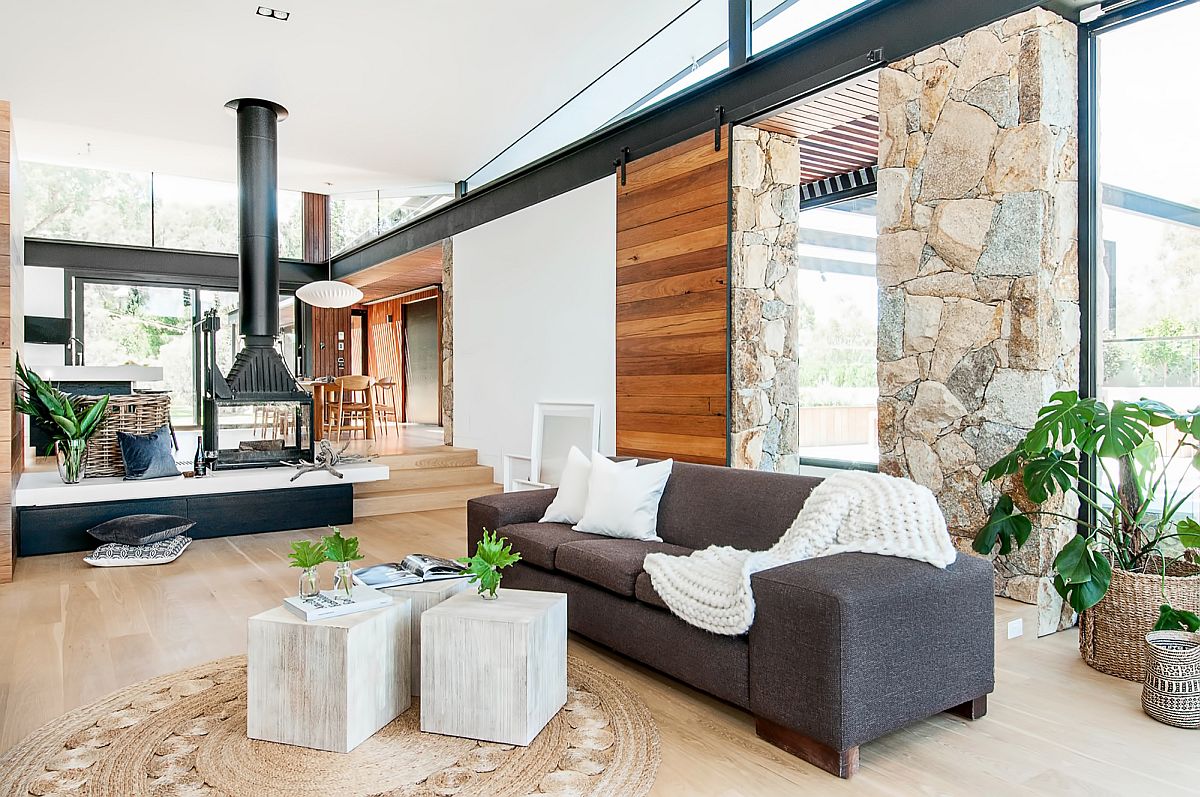 Living room of the Aussie home overlooking Yarra River in Victoria