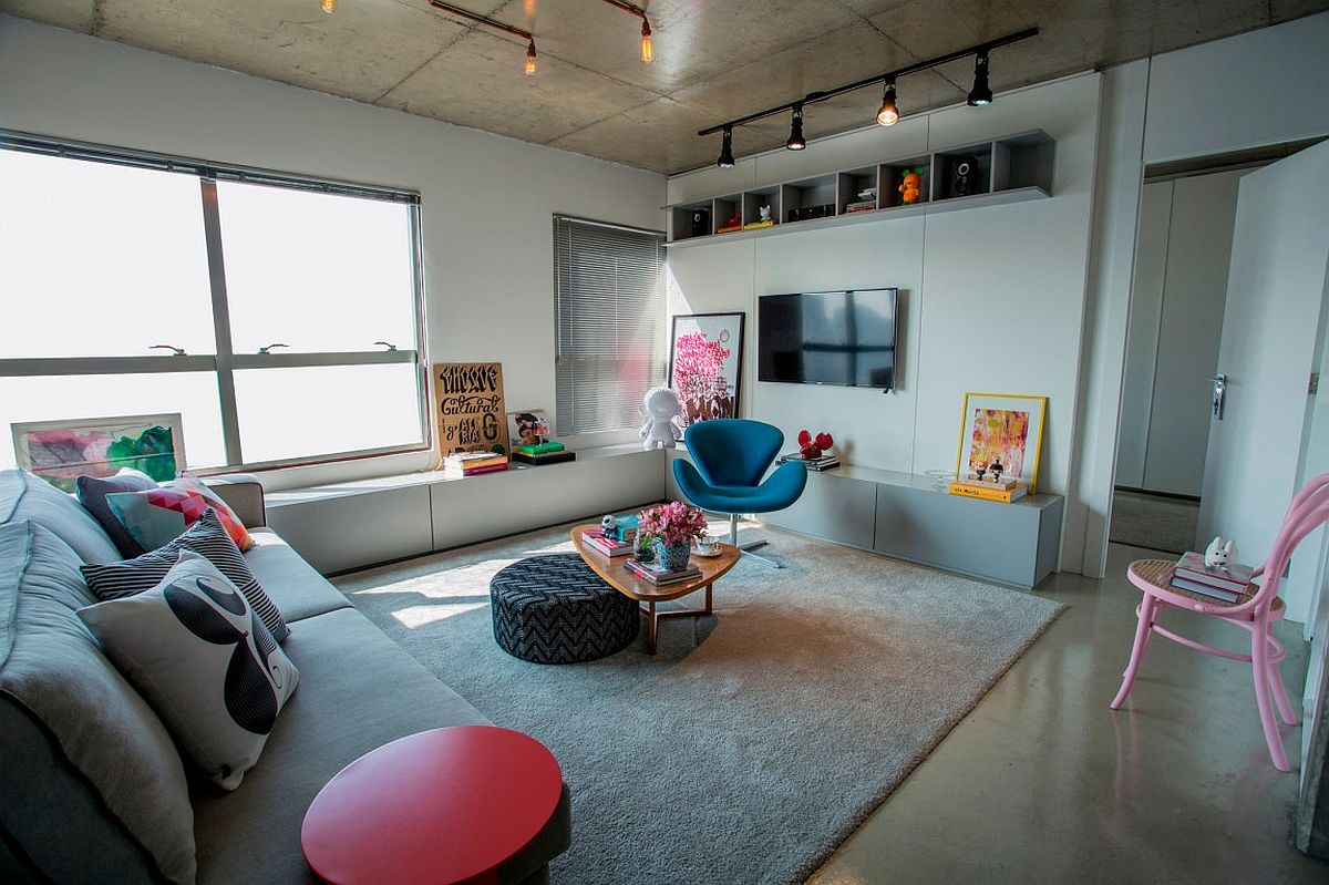 Living room of the modest, single bedroom apartment in Brazil