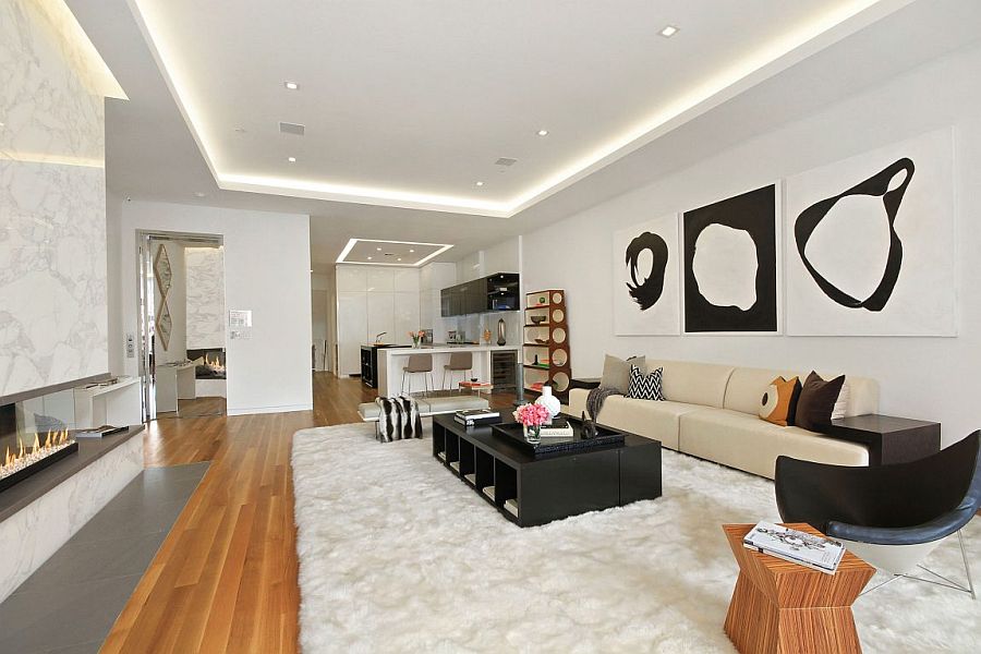 Luxurious NYC apartment living room in white with wooden accents