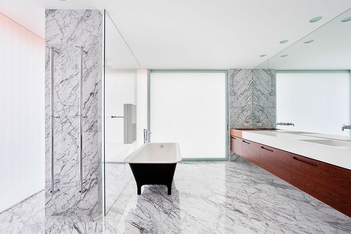 Luxurious contemporary bathroom with transluscent glass panes