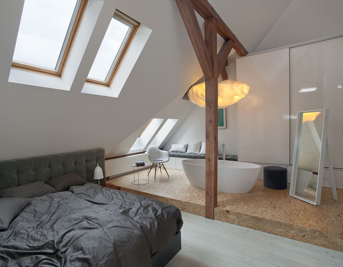 Master bedroom with bathtub that offers 'bath under the clouds' experience