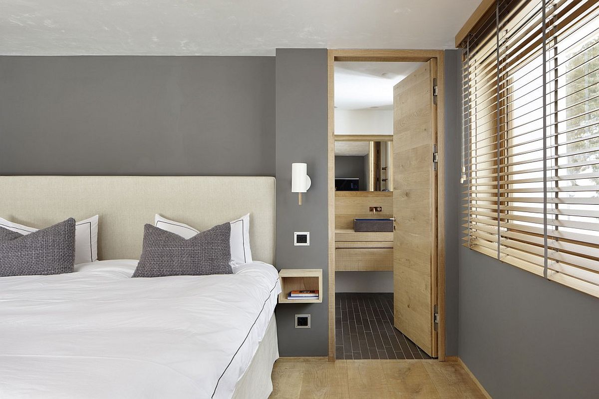 Modern bedroom in gray with light oak accents