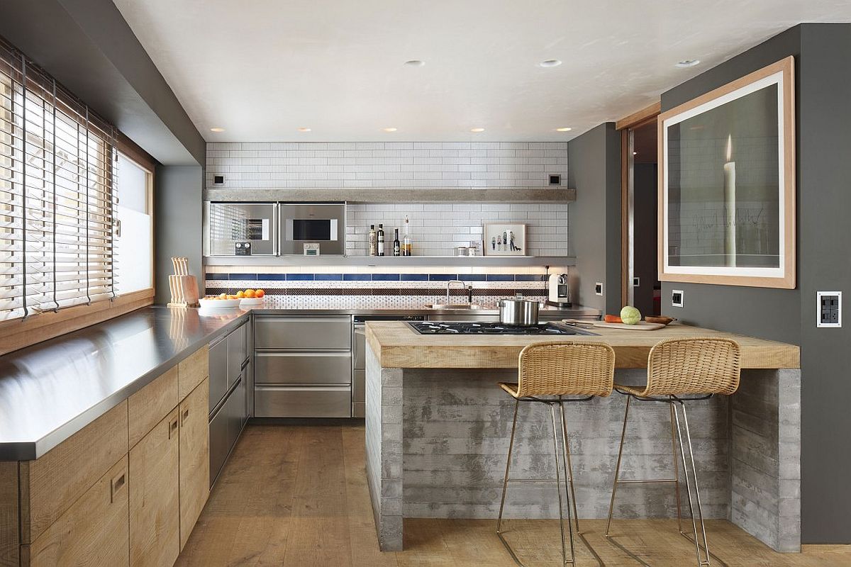 Modern kitchen in gray with wooden finishes and a hint of exposed concrete