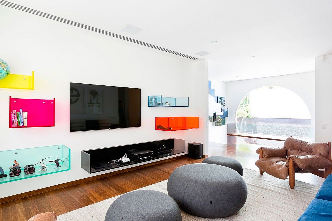 Multi-colored glass shelves for the living room