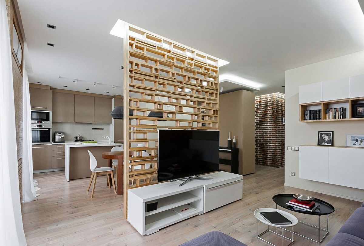 Neutral colors and varied textures shape the living space of apartment in in Zaporizhia