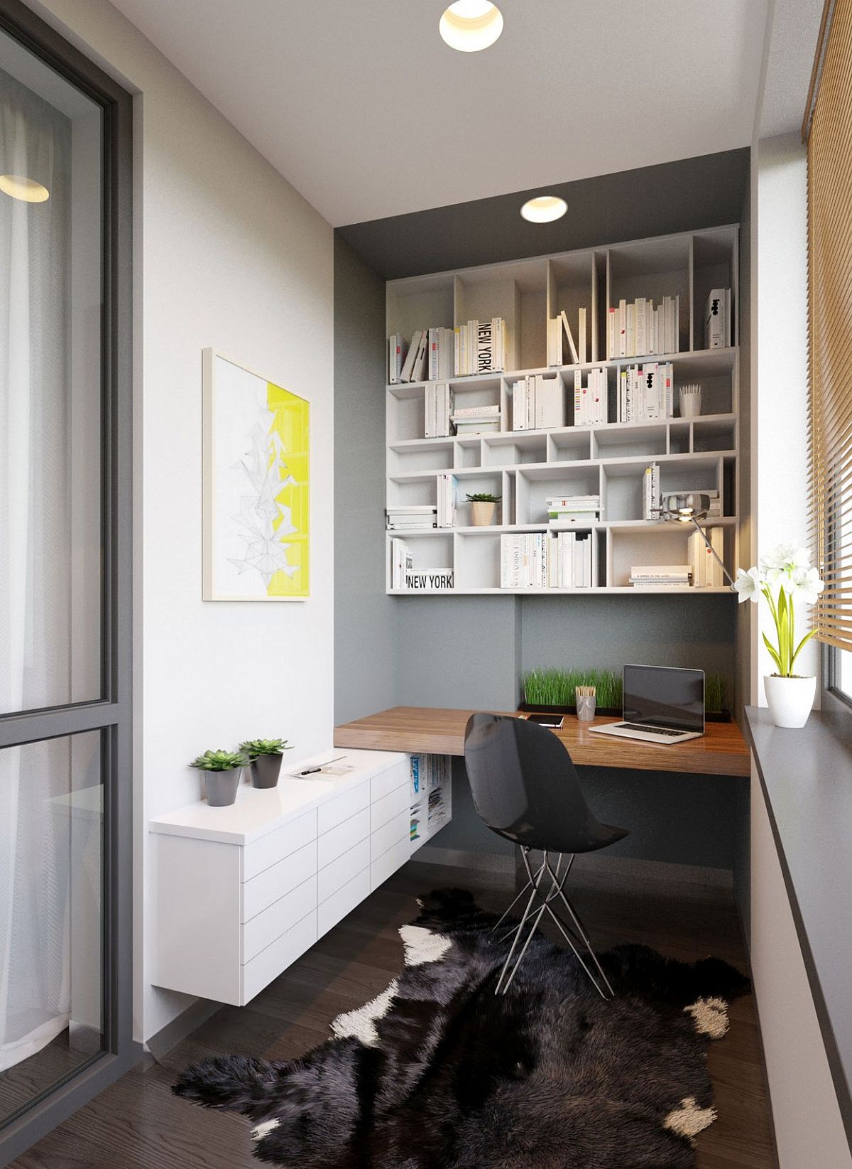 Nifty home office and workzone with wall-mounted open shelving