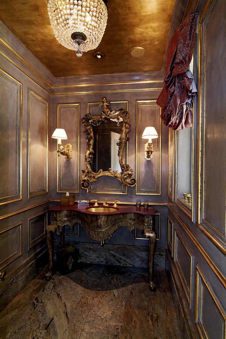 Ornate vanities are perfect for the charming Victorian powder room [Design: Kaufman Homes]
