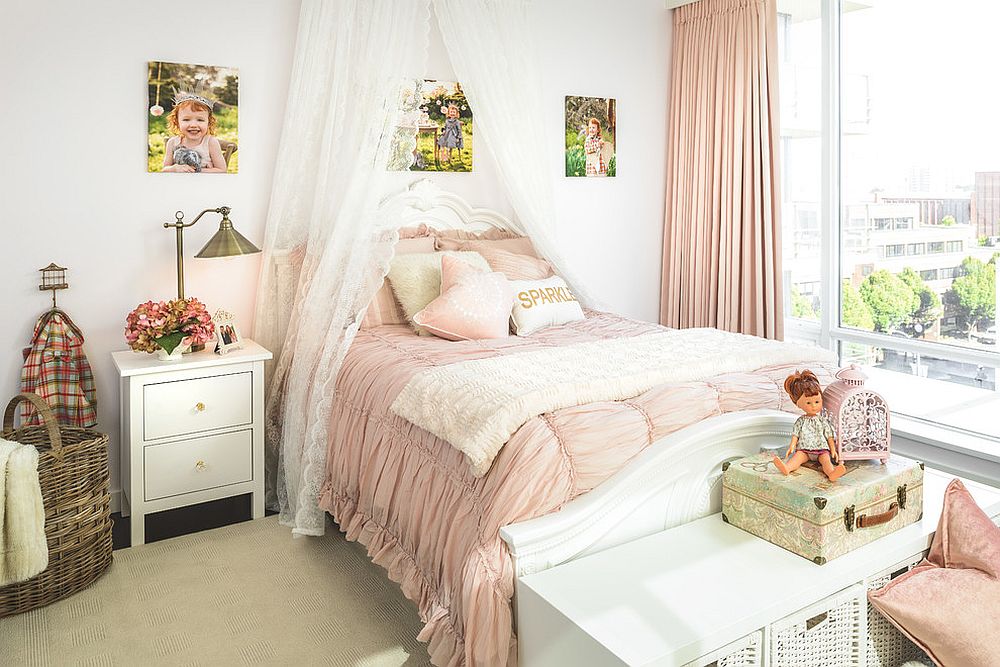 Pink and white shabby chic kids' bedroom for your little princess [Design: Leanne McKeachie Design]